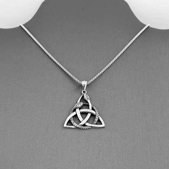 Sterling Silver Celtic Snake Necklace, Triquetra Chain, Animal Retiles Jewelry - Picture 4 of 8